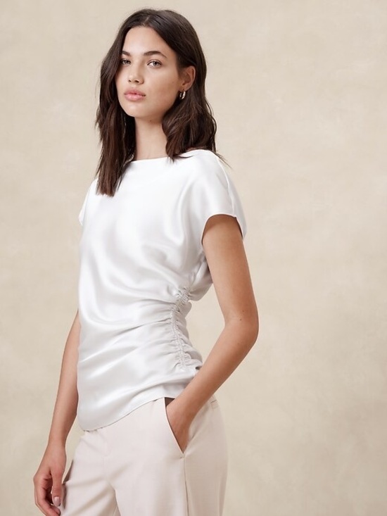 Banana Republic Tops - Banana Republic White Satin Side-Ruched Short Sleeve Top